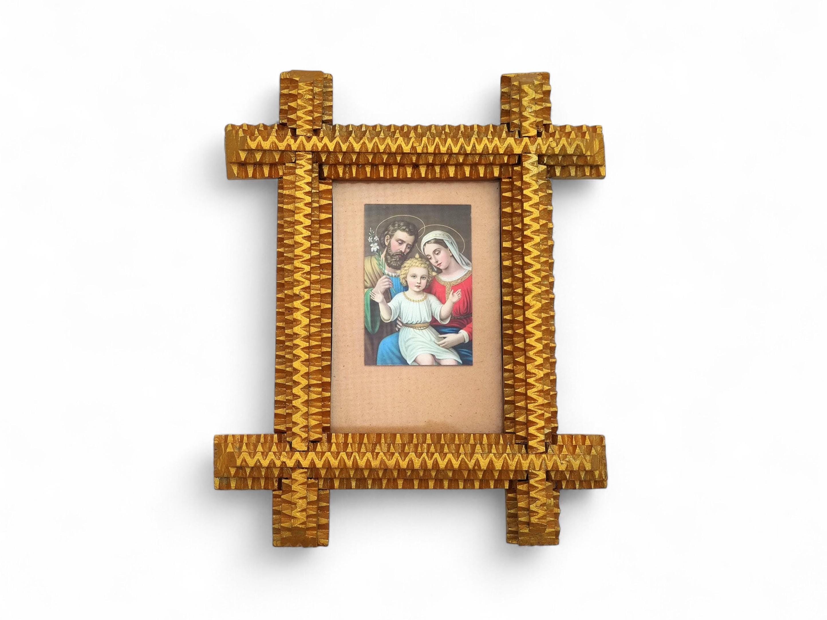 Antique Tramp Art Frame, German Folk Art Chip Carved Wood Frame