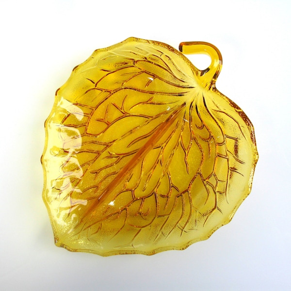 Bagley Amber Glass LEAF Divided Dish, England, 30s, Art Deco Leaf Plate, Divided Tray, Platter, Leaf Shaped Serving Dish, Pressed Glass