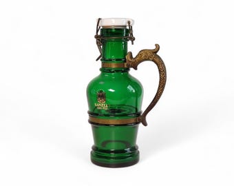 Vintage German Green Glass Beer Growler with Figural Dophin Brass Handle in Art Nouveau Style, 70s Kanzlei Edel Pils Flip Top Beer Growler