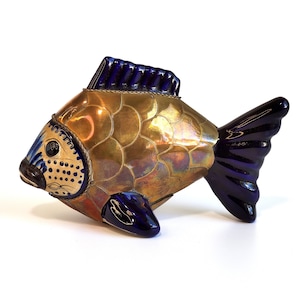 Sergio Bustamante Style Tonala Brass & Ceramic Fish Sculpture, 70s Tonala Mexican Pottery Brass Armored Fish, Mid Century Mexican Folk Art