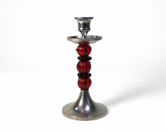 Vintage Stacked Lucite Bead Candle Holder, Wire Wrapped Ruby Red & Black Lucite Beads and Metal Taper Candlestick, Handwork, Boho Decor