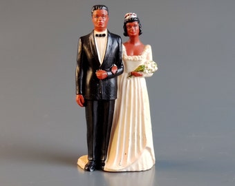 1950s -1960s Wedding Cake Topper, African American Bride and Groom Cake Topper, Mid Century Collectible Cake Topper, Hand Painted Plastic