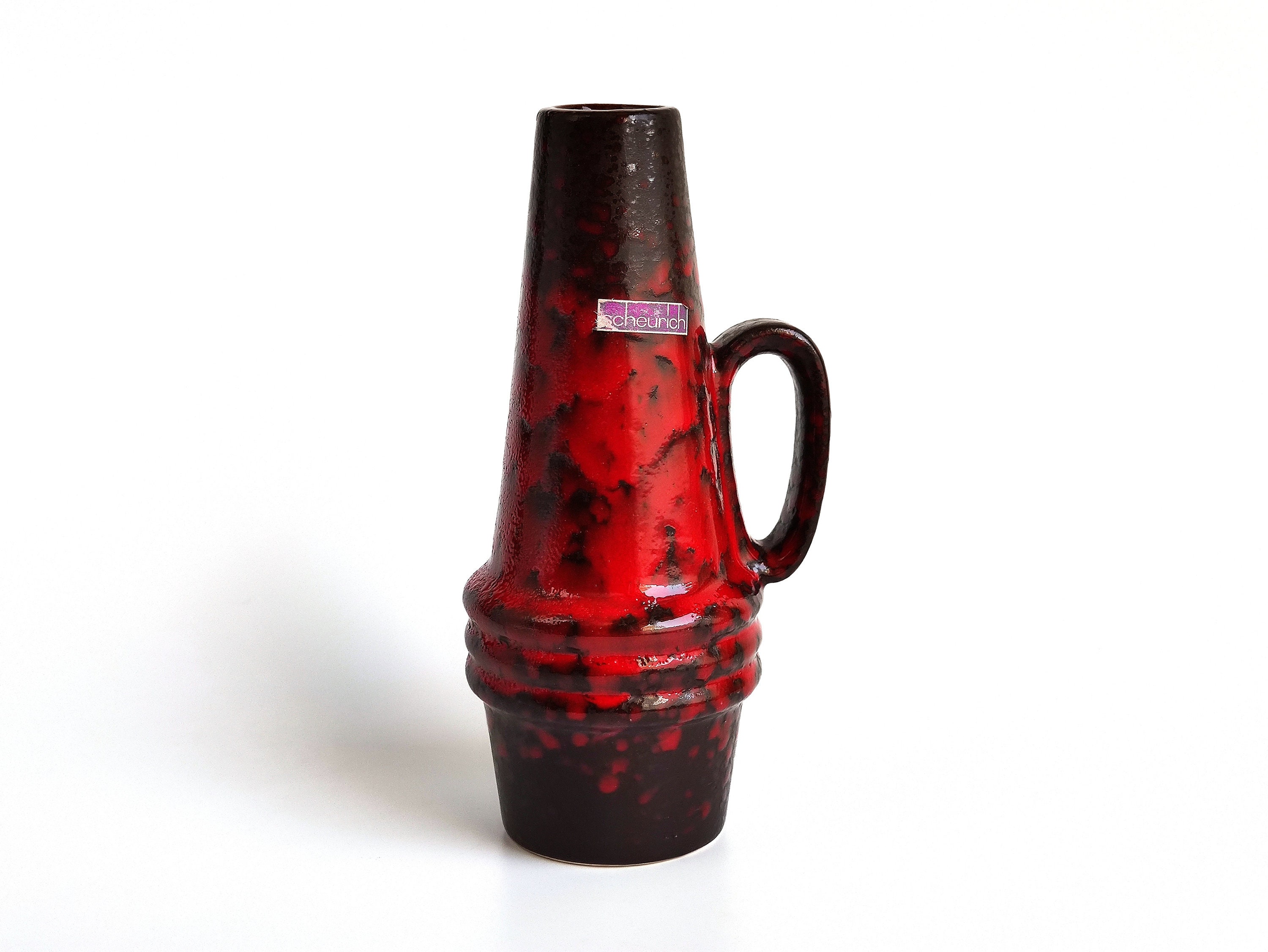 Scheurich Keramik Fat Lava Pottery Vase 400-22, Germany 60S Mid Century Modern West Red & Black Jug Vase, Labeled