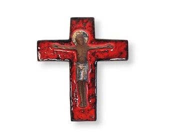 West German Pottery Red Fat Lava Crucifix from Benedictine Abbey Herstelle 1960s Mid Century Modern Ceramic Crucifix, MCM Religious Art