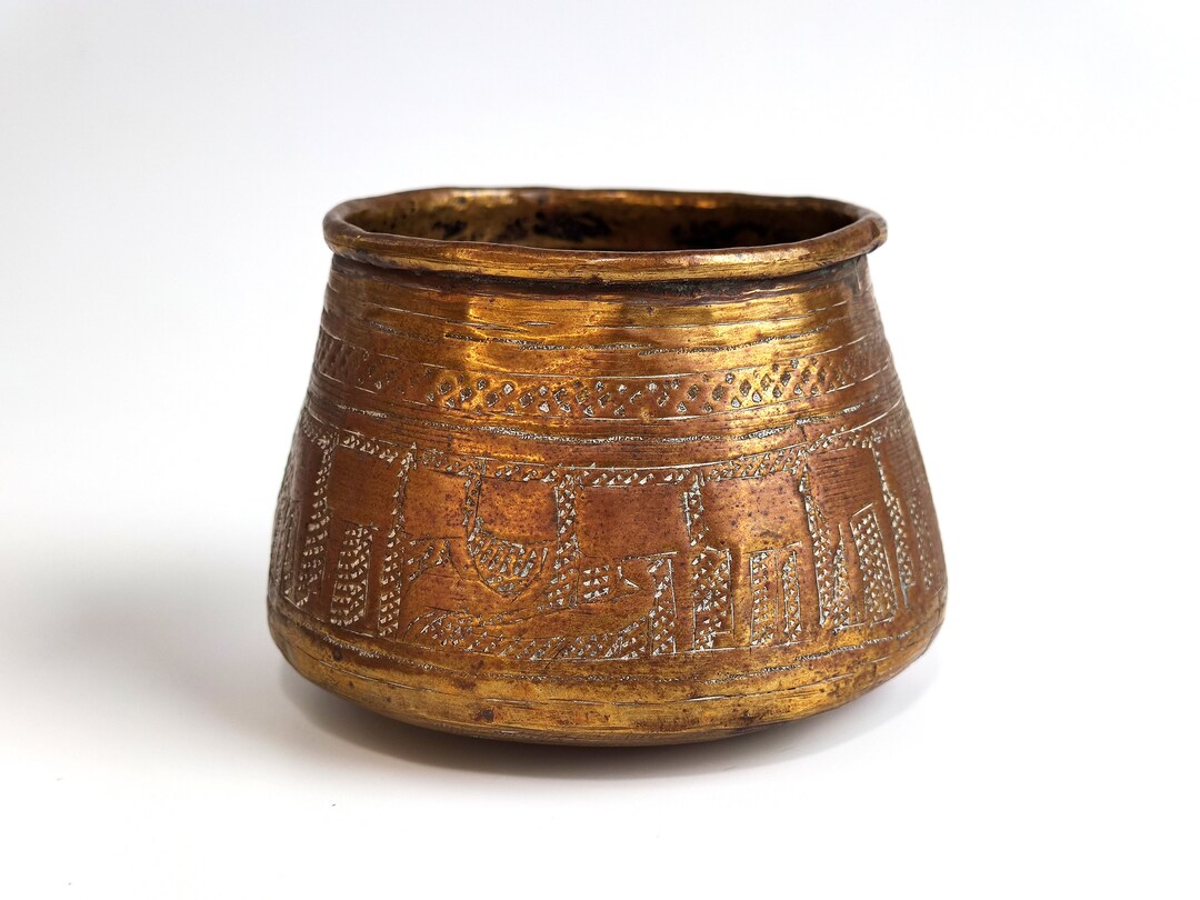 Antique Egyptian Judaica Revival Brass Bowl, 19th Century Collectible