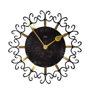 70s DIEHL Electronic Wrought Iron & Brass Wall Clock, Junghans Lic.Ato Germany Mid Century Modernist Brutalist MCM Black Iron Sunburst Clock