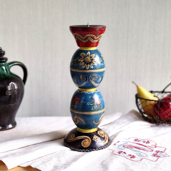 Large Bavarian Folk Art Candle Holder, Germany, Mid Century Bauernmalerei Hand Painted Wood Candlestick for Pillar Candle, Bohemian Decor