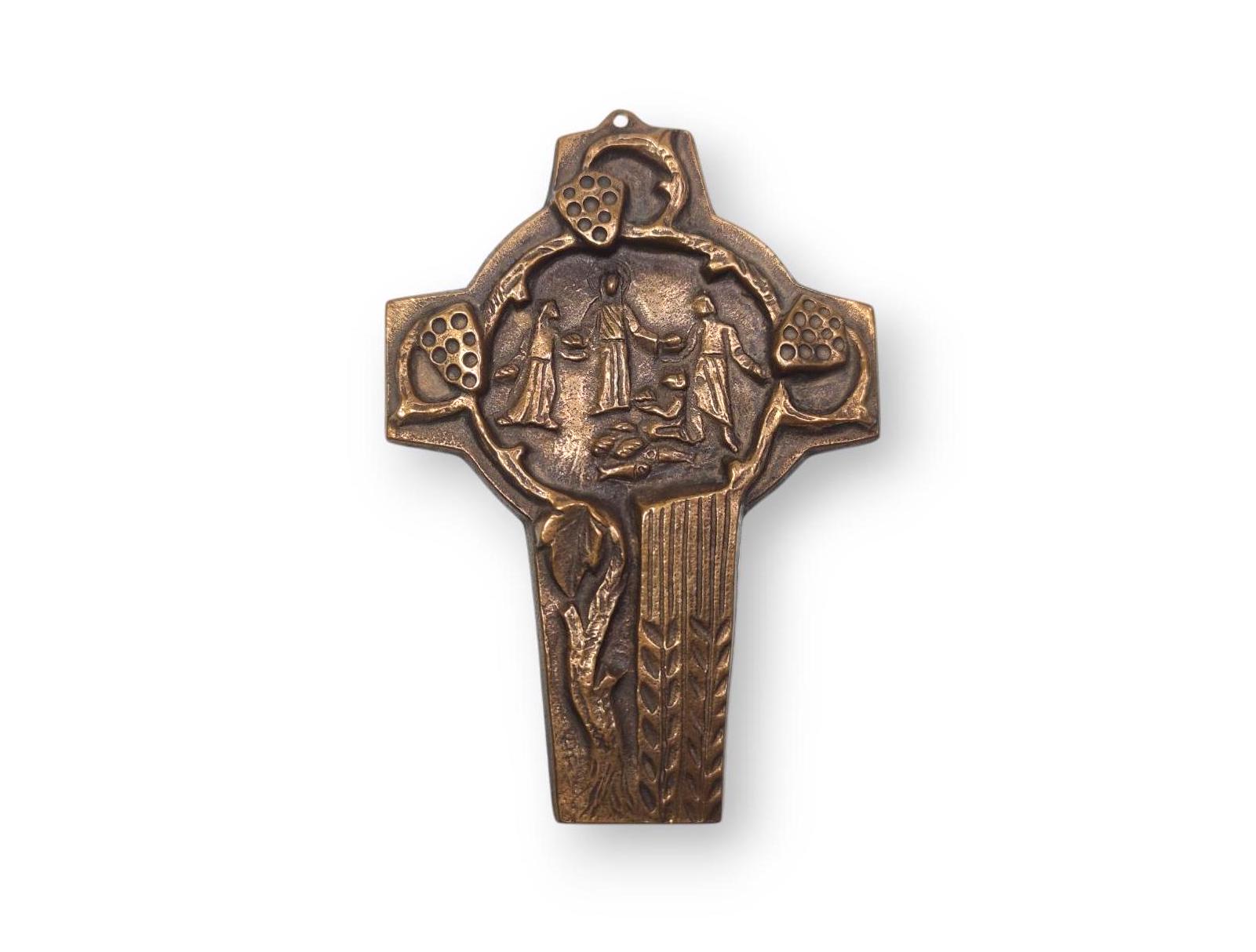 Vintage German Bronze Cross "Jesus Feeds The Hungry Crowd" Modernist Brutalist Bronze Wall Cross Communion, Baptism, Wedding, Xmas Gift Idea