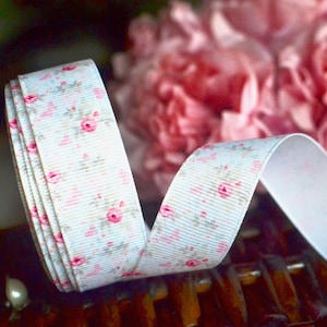Rose ribbon, 2 yd Pink rose grosgrain ribbon, Shabby chic ribbon, Cottage ribbon, Junk journal, Scrapbooking, Sewing, Accessory