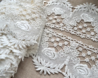 Rose embroidery scalloped border lace trim, Off white lace trim, Vintage embroidered lace trim, Shabby chic lace trim