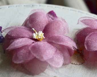 3 Purple Silk organza flower, Flower head, Wedding flower