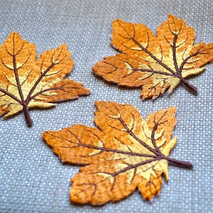 May include: Three embroidered maple leaf patches in shades of orange, yellow, and brown. The leaves have detailed stitching, with visible veins and stems. The patches are arranged on a textured, light grey fabric.