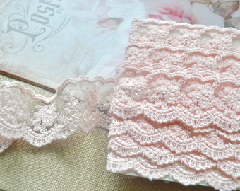 Pink embroidered lace trim,  Pink tulle net lace trim, Junk journal  supply