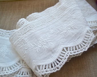 White cotton lace fabric, Embroidered crochet lace, White shabby chic lace, White Cottage lace, White vintage lace fabric
