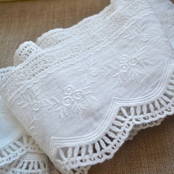 White cotton lace fabric, Embroidered crochet lace, White shabby chic lace, White Cottage lace, White vintage lace fabric