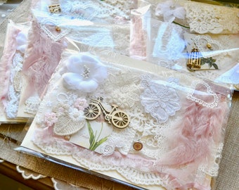 Shabby chic inspiration creative kit, Lace scraps embellishment lot, Slow stitch kit, Junk journal