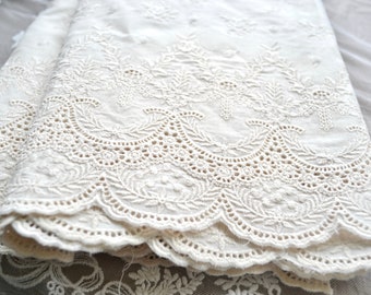 43cm wide embroidered lace fabric, Scallop border fabric, Cotton, Quilting, Junk journaling supply, Ivory