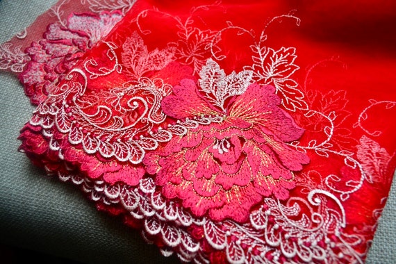 Red embroidered lace fabric sale