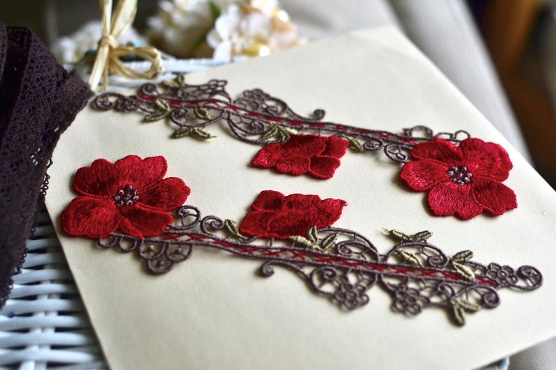 Red Patch Textile Red Embroidered Applique, Patch, Sew on Patch, Red Floral Patch, Junk ...