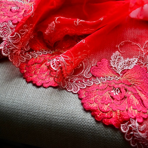 Red Embroidered lace fabric, Luxury Gold lace, Wedding lace, Lingerie lace