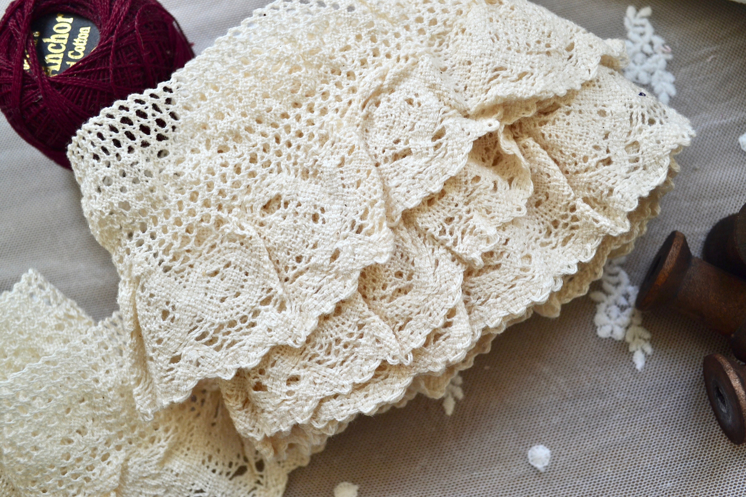 vintage rick-rack lace, handmade crochet edgings, colorful sewing trim for  pillowcases