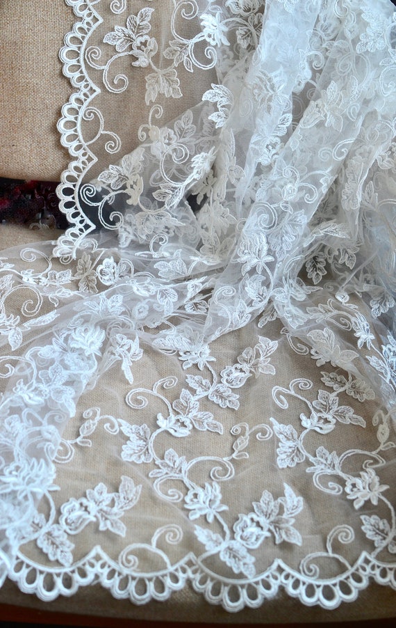 Off White Bridal Lace Fabric, Embroidered Corded Lace, Fancy Lace