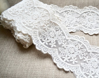 May include: Ivory-colored lace trim with a floral design. The lace features a repeating pattern of flowers and scalloped edges. The trim is rolled up, showing the texture and detail of the delicate fabric.