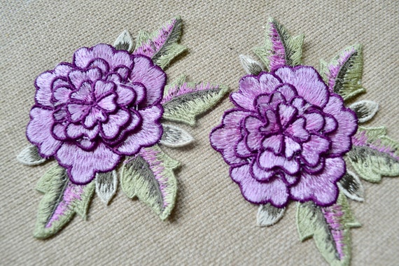 Purple rose embroidered patch, Rose, Sew on embroidery applique, Decorative embellishment, Junk Journal supply