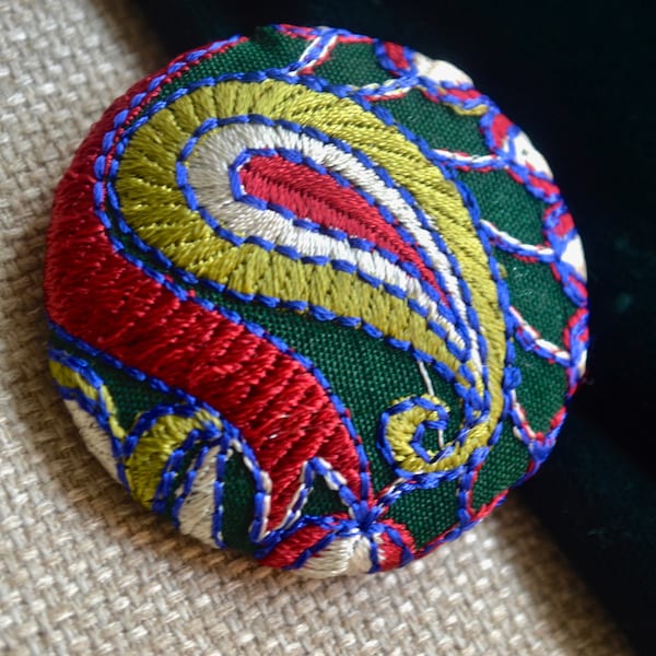 Large embroidered button, Junk journaling supply, Scrapbooking Sewing supply, Ethnic embroidered button, Paisley Embroidered button