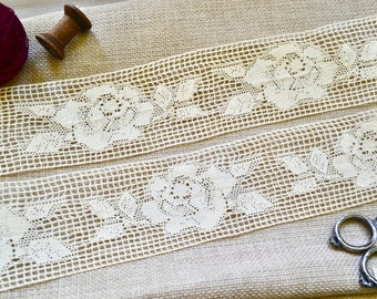 Beige crochet rose lace trim, Rose Lace trim, Border lace, Ivory lace trim, Vintage lace, Retro lace, Scrapbooking, Junk journal, Doll dress