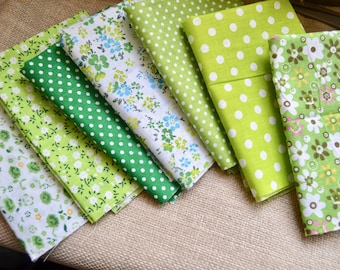 7 piece green cotton fabric set, 25 cm x 25 cm fabric pieces, Fabric bundle, Green Fabric lot, Green Fabric set