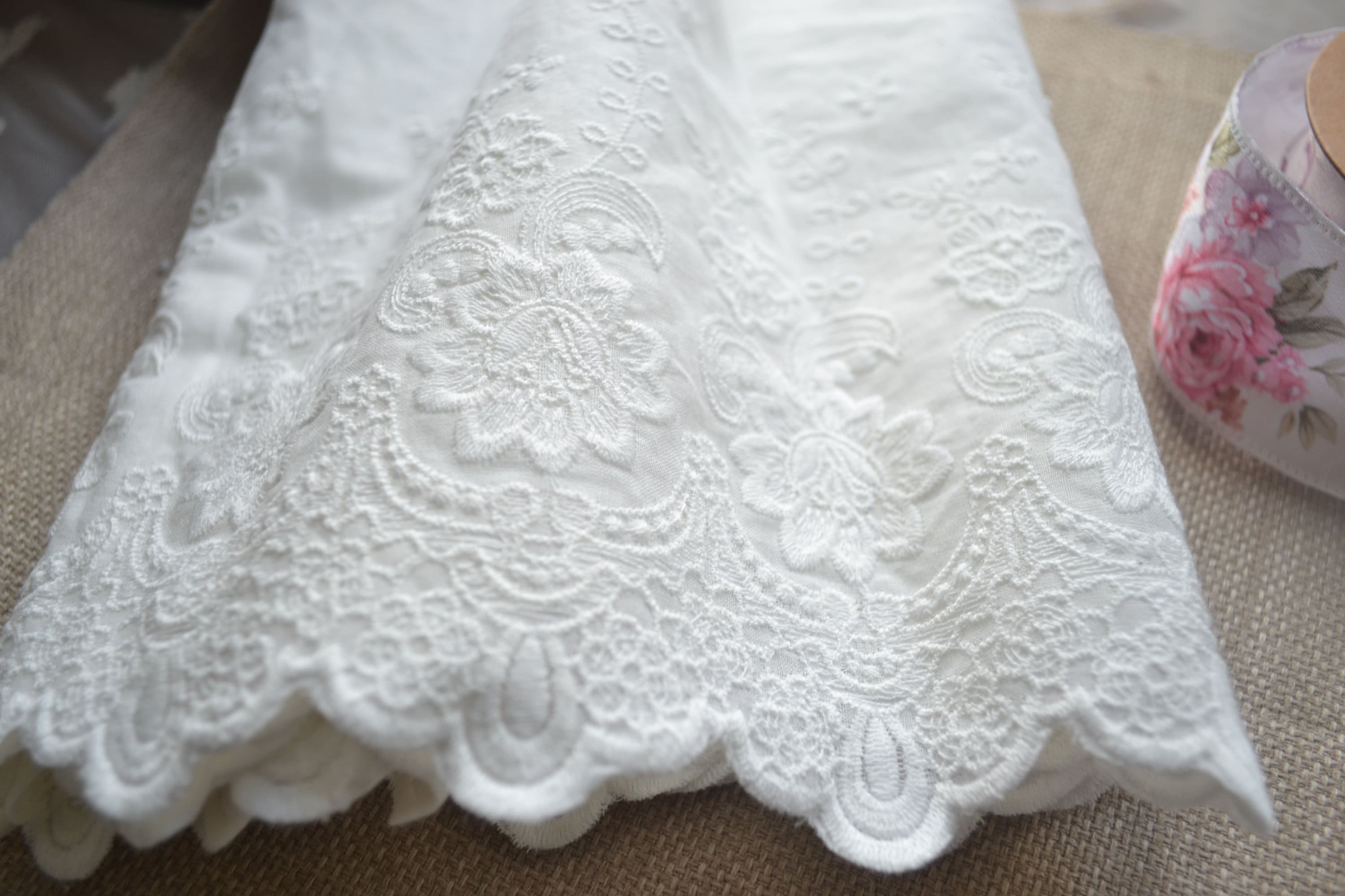 White Cotton Lace Fabric, Embroidered Lace Fabric, Wide Cotton Floral Lace  