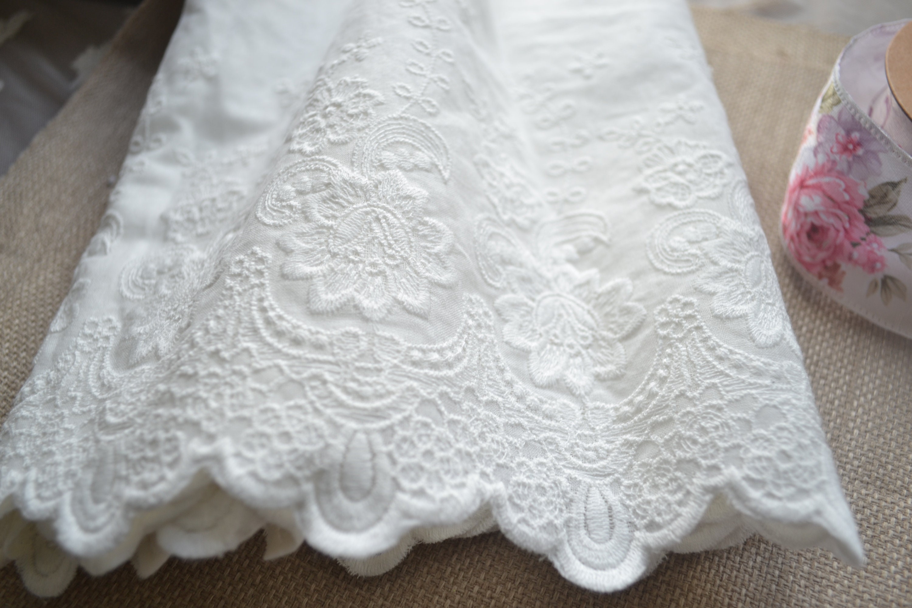 White Cotton Lace Fabric, Embroidered Lace Fabric, Wide Cotton