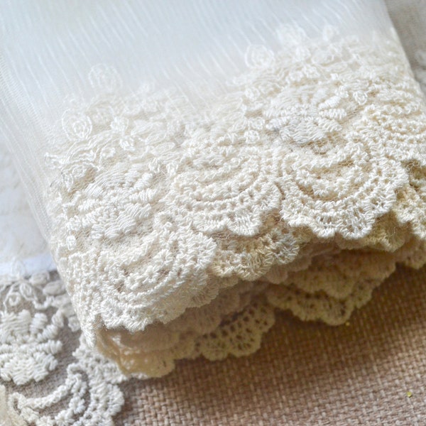 Ivory embroidered tulle net lace fabric, Junk journal scrapbooking supply