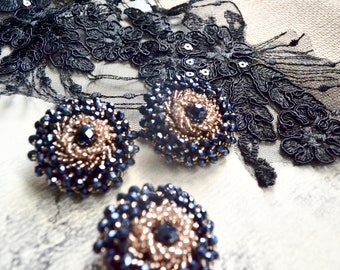 Large button embellishment, Beaded embellishment, Black fancy button, Vintage button, Junk journal and scrapbooking supply