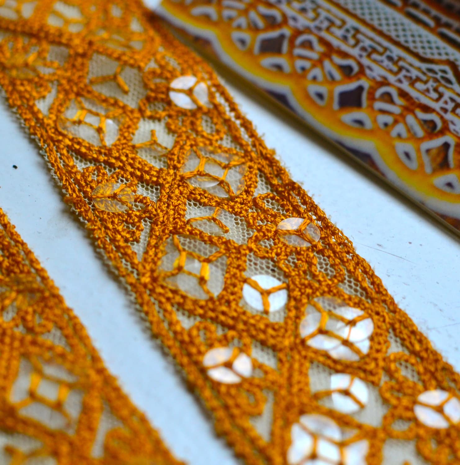 Orange Sequins Embroidered Lace Trim, Ethnic Lace 