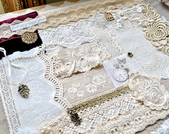 May include: A collage of various lace fabrics in cream, beige, and white tones. The arrangement includes different lace patterns, textures, and embellishments, such as a leaf pendant, a pocket watch image, and the text "find your happy place".