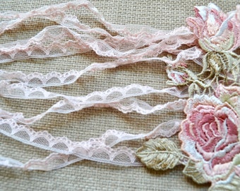 Pink  lace trim, Shabby chic lace trim, Lace trimmings, Border trimmings, Lingerie lace, Scalloped border, Lace, Peach lace ribbon