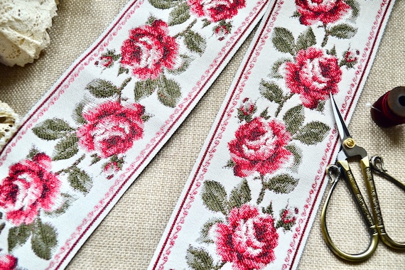 Rose Woven Jacquard Fabric Ribbon Trim, Red Rose Jacquard Embroidered Ribbon,  Rose Embroidered Ribbon 