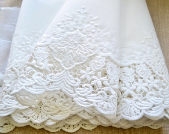 White cotton lace fabric, Embroidered lace fabric, Wide cotton floral lace, Shabby chic lace, White crochet lace, Junk journaling supply