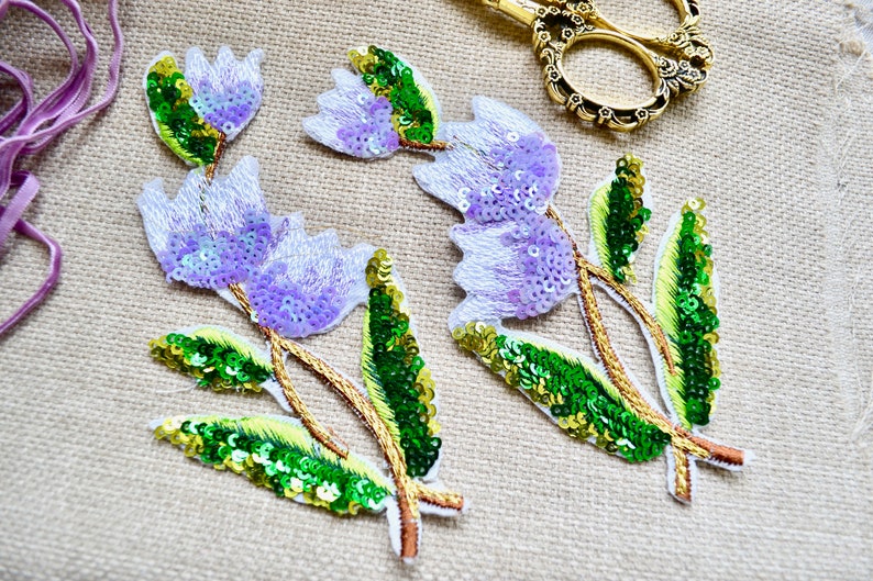 Scrapbooking supply Junk journaling supply 2pc Purple embroidered sequence applique patch