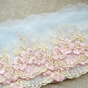Pink lace trim, Embroidered tulle net lace trim, Shabby chic lace