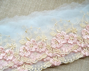 Pink lace trim, Embroidered tulle net lace trim, Shabby chic lace