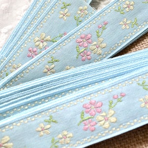 French Blue Embroidered Jacquard Ribbon, Floral Trim for Crafts, Sewing, Junk Journals