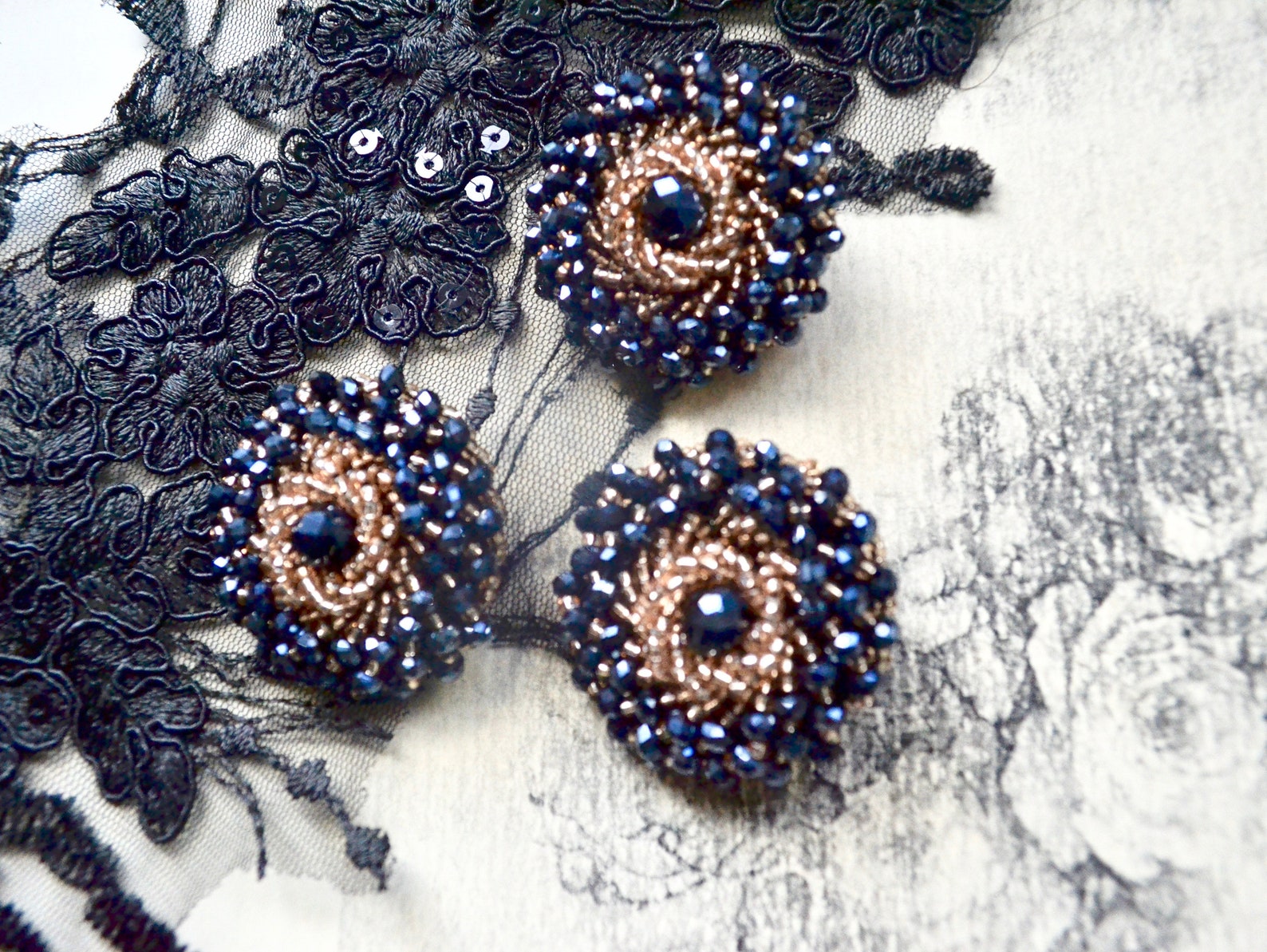 Large Button Embellishment, Beaded Embellishment, Black Fancy Button ...