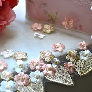 Gold embroidered lace fabric, Pink tulle net floral embroidery fancy lace, Junk journaling, Sewing