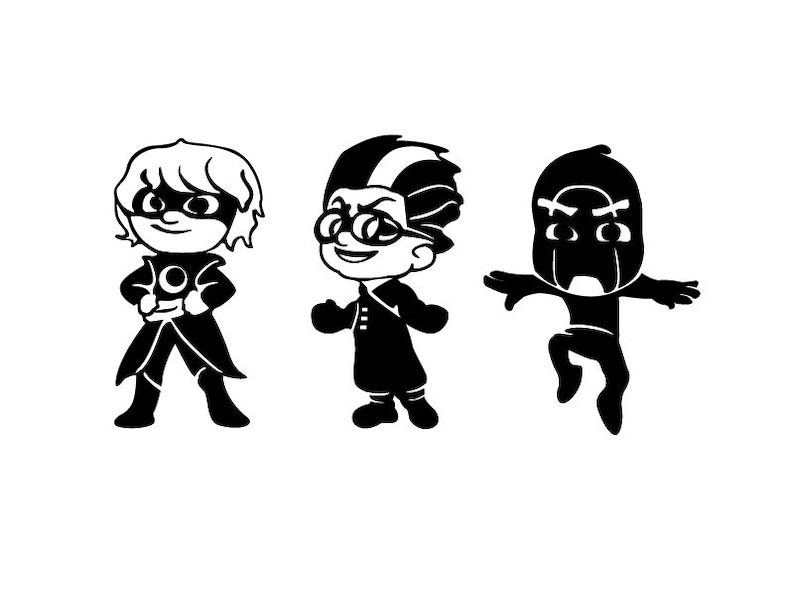 May include: Black and white cartoon illustration of three characters. The first character is a girl with a black mask and a cape. The second character is a boy with a black mask and a cape. The third character is a boy with a black mask and a cape.
