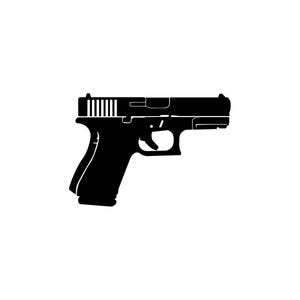 Könnte beinhalten: Eine schwarze Silhouette einer Pistole mit Magazin und Abzug.