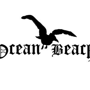 Ocean Beach Vinyl Bumper Stickers. Works on car windows, bumpers, cell phones, laptops, walls, etc. Seagull Surfing Bodyboarding Fun!