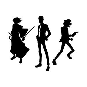 Peut inclure: Silhouettes de trois personnes, l'une tenant une épée, l'autre un pistolet et la dernière debout les mains dans les poches.